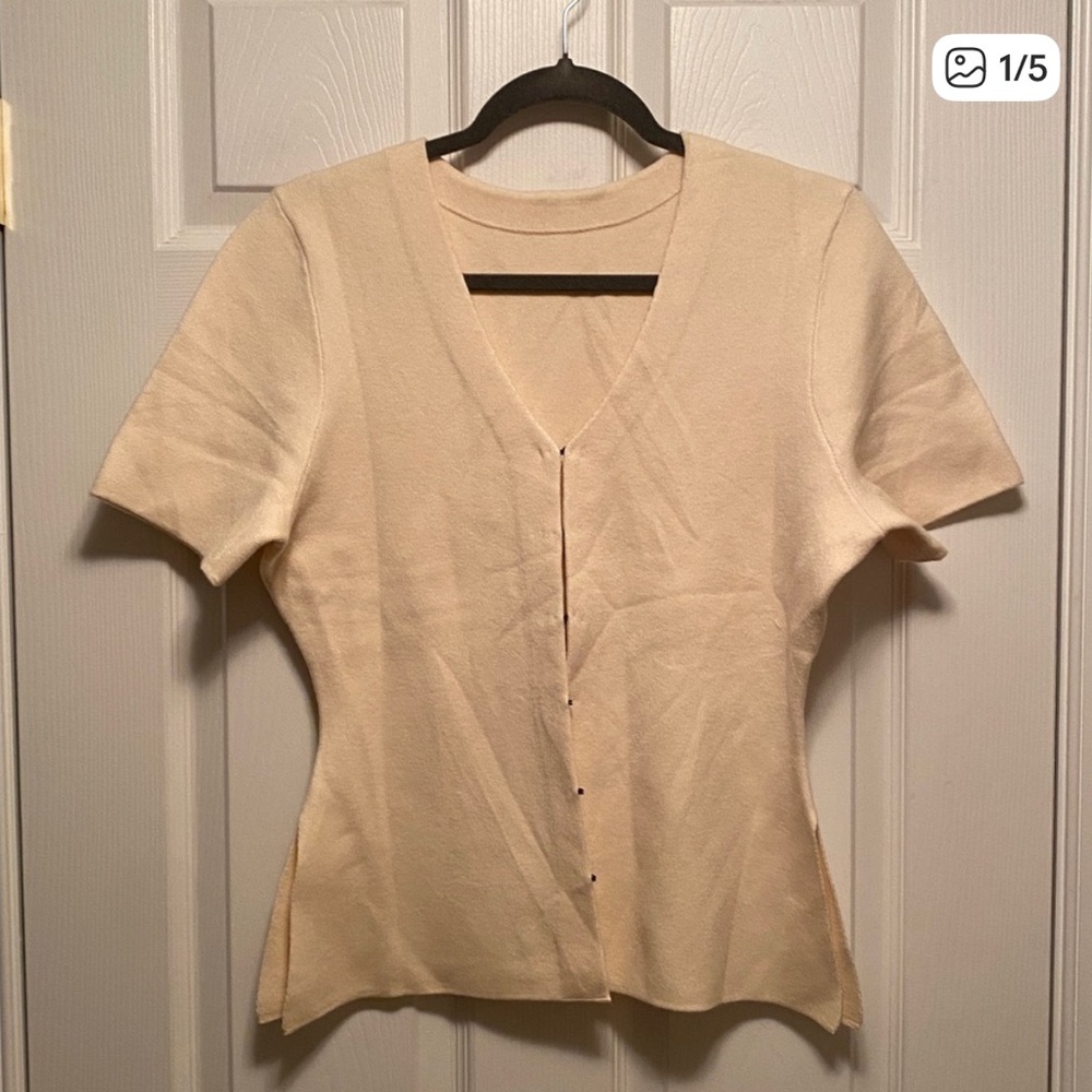 Cream Short-Sleeve V-Neck Cardigan Sweater